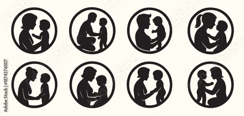 Nine Black Silhouettes of Parents and Toddlers in Circular Frames white background