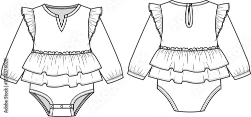 Baby romper technical drawing front back view, long sleeve infant bodysuit with ruffle skirt snap closure, cute kids apparel fashion design, flat vector, cad drawing flat vector