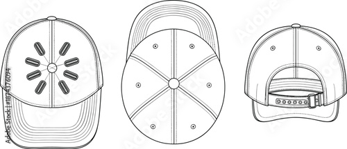 Baseball cap technical drawing front top back view, adjustable snapback hat with ventilation holes, casual streetwear headwear accessory design, flat vector, cad drawing flat vector