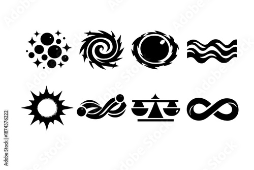Cosmic Icon Set. Cosmic elements icon set in silhouette bold style. Contain stardust particle, energy spiral, void sphere, harmonic wave, luminous orb, cosmic