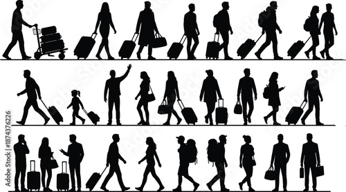 Black silhouette set of travelers walking with luggage showing airport movement, commuting, tourism and business travel concept in clean vector illustration style