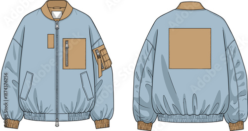 Bomber jacket technical drawing front back view, modern fashion outerwear design with pockets, ribbed collar cuffs, flat vector, cad drawing flat vector