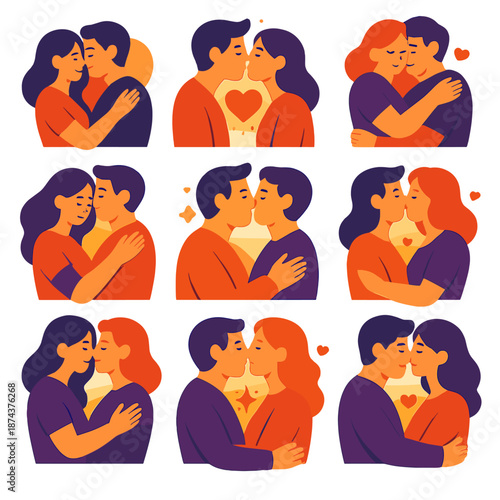 Affectionate Icon Silhouettes. Romantic Affection vector set in modern flat style : couple hug, soft kiss, heart glow, shared warmth, affectionate silhouettes,