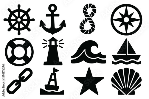 Nautical Icon Set. Anchorpoint icon set in silhouette bold style. Contain ship wheel, anchor, rope, compass, lifebuoy, lighthouse, wave, boat, chain, buoy, star, shell