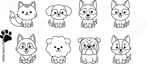 Set of cute cartoon dog and cat characters in black line art style featuring various breeds like bulldog and husky.