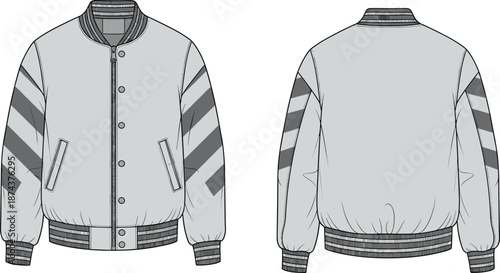 bomber jacket cad drawing flat vector template fashion technical varsity mockup apparel front back sketch garment design zipper pocket