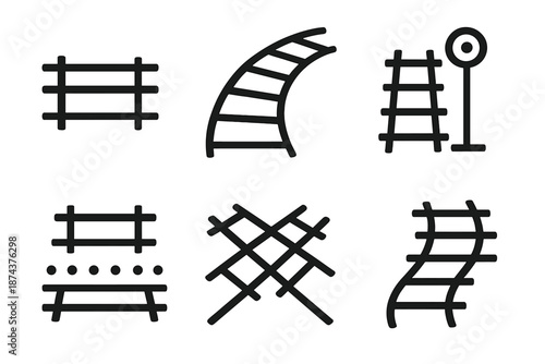 Minimalist Rail System Art. Rail Systems abstract set in outline vector style: parallel lines, rail arc, signal ring, rhythmic dots, layered paths, transit pattern