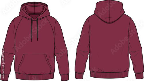 Burgundy, hoodie, cad, drawing, flat, vector, sweatshirt, apparel, garment, fashion, mockup, template, front, back, kangaroo, pocket, ribbed, cuff, drawstring, illustration