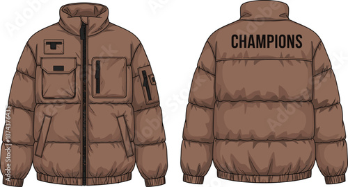 Brown, puffer, jacket, flat, vector, template, technical, fashion, illustration, front, back, winter, coat, champions, lettering, clothing, design, blueprint, diagram, sportswear