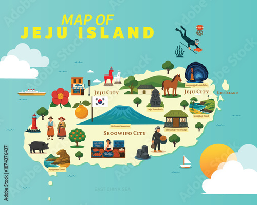Jeju Island South Korea Tourist Map Illustration