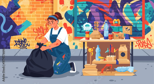 Woman Cleaning Up GraffitiCovered Street with Trash Bag.