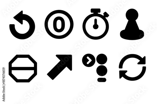 Game Icon Set. Turntime Game Flow icon set in silhouette bold style. Contain turn arrow, round counter, timer, action marker, phase token, move indicator, player order marker, cycle icon