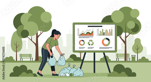 Woman Collecting Trash with Environmental Data Presentation.