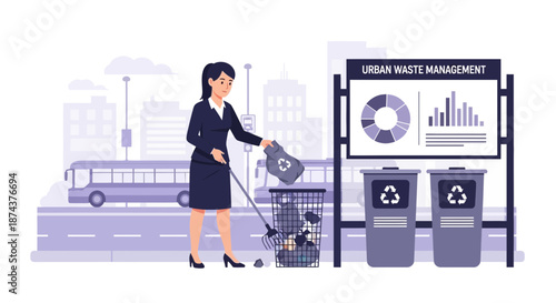 Woman Cleaning Street with Trash Picker and Recycling Bins.