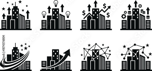 Business Growth City Icons Set Illustrating Innovation, Finance, Technology, Startup Success, Analytics, Corporate Expansion and Modern Urban Development Concepts