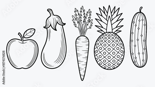 outline illustration of various vegetables and fruit in