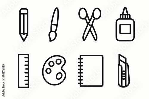Creative Tools Icons. Creative Tools set in outline vector style: pencil, paintbrush, scissors, glue bottle, ruler, color palette, sketchbook, craft knife