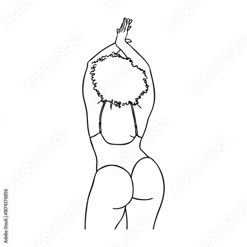 Dibujo sencillo con líneas de mujer de espaldas con traje de baño o ropa interior con sobrepeso de pie