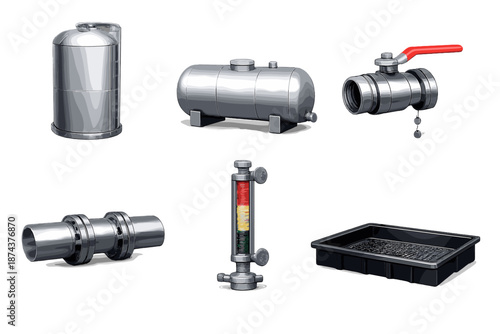 Liquid Storage Icons. Liquid bulk storage solutions: cylindrical tank, horizontal tank, valve outlet, pipe connection, level gauge, spill containment tray