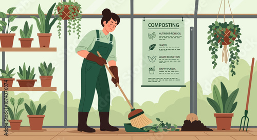 Woman Composting in Greenhouse Sustainable Gardening and Waste Reduction.