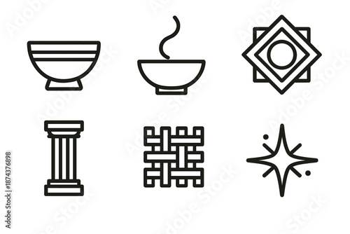 Sacred Ritual Icons. Ritual Elements set in outline vector style : offering bowl, gentle smoke arc, sacred pattern, steady pillar, woven motif, bright spark