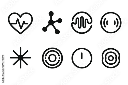 Bio-Signal Icon Collection. Pulsefield Bio-Signal Forms set in outline vector style : heartwave icon, neural pulse node, muscle response coil, breath rhythm