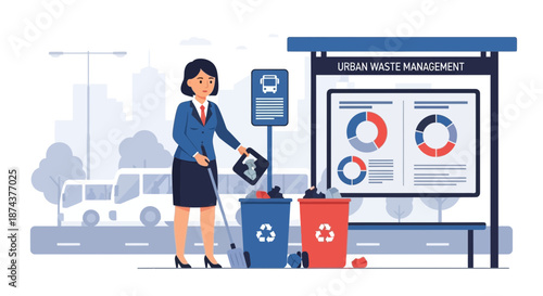 Woman Sorting Waste at Bus Stop for Urban Waste Management.