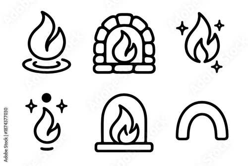 Cozy Hearth Icons. Hearth Warmth set in outline vector style : rising flame, calm ripple, cozy stone curve, gentle shimmer, ember bead, soothing arc