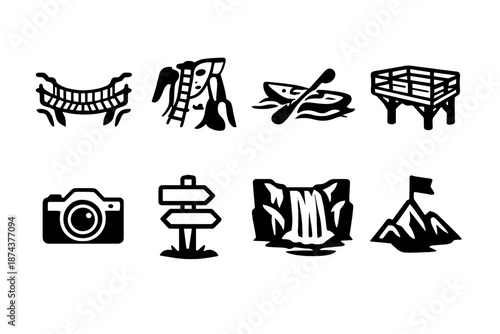 Adventure Icon Set. Adventure waterfallset in outline vector style hiking trail, rope bridge, climbing path, kayak, viewpoint platform, camera icon, trail marker, waterfall silhouette