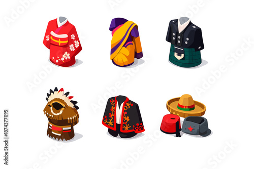 Cultural Costumes Icons. Traditional costumes set in isometric flat vector : kimono, sari, kilt, tribal attire, embroidered jacket, cultural headwear