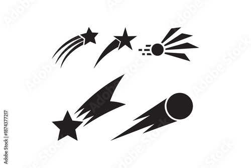 Shooting star and comet silhouette vector set - Falling star icons for space and astronomy design