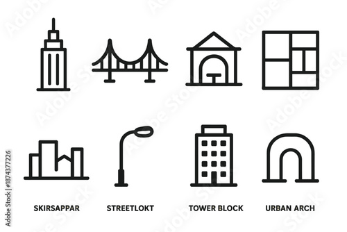 Urban Silhouette Icons. City Structures set in outline vector style: skyscraper silhouette, bridge span, transit station, city grid icon, rooftop line, streetlight, tower block, urban arch