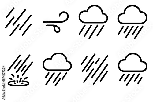 Storm Icon Series. Storm Drizzle set in outline vector style : slanted rain lines, wind-blown droplet, cloud edge curve, shifting rain band, puddle splash,