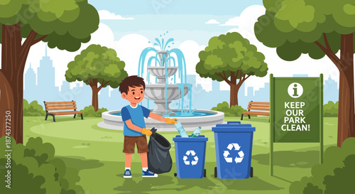 Boy Cleaning Park Promoting Environmental Responsibility and Community Service.