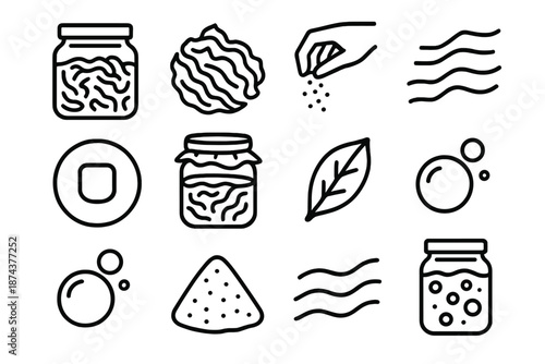 Fermentation Icon Set. Kitchen fermentation set set in outline vector style : mason jar, cabbage shred, salt pinch, brine wave, weight stone, cloth cover, spice flake, ferment bubble