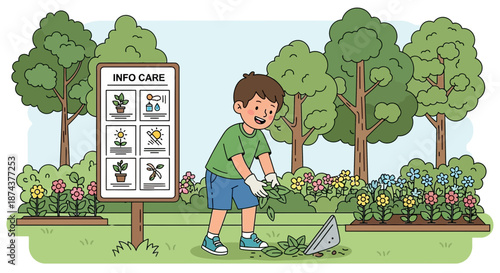 Boy Gardening with Info Care Sign in Lush Green Garden.