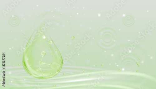 Molecular structure background with floating 3D molecules on soft green waves water texture,Vector Futuristic backgroud for skincare,science,biotech,cosmetic product presentation