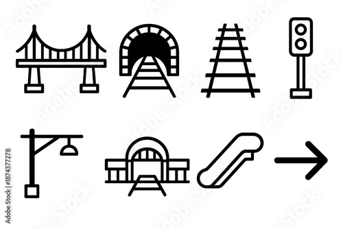 Transit Infrastructure Icons. Transit infrastructureset in outline vector style bridge span, tunnel entrance, rail track, signal light, overhead cable, transfer hub, escalator, concourse arrow