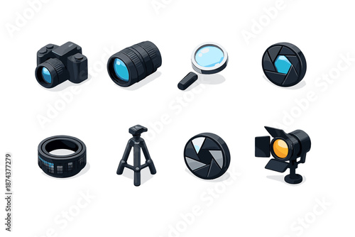 Photography Equipment Icons. Lens set in isometric flat vector : DSLR camera, lens, magnifying glass, aperture, focus ring, tripod, shutter, light