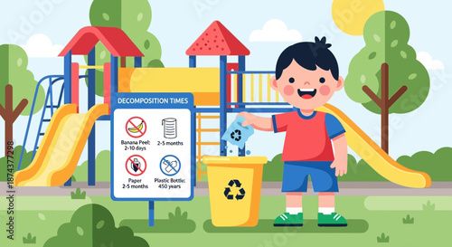 Boy Recycling at Playground with Rules Sign.