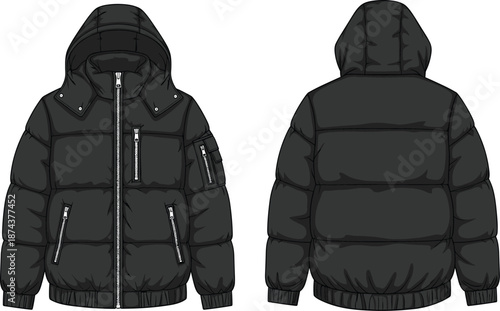 Cad, drawing, flat, vector, black, puffer, jacket, quilted, apparel, garment, fashion, mockup, template, front, back, chest, pocket, ribbed, cuff, illustration