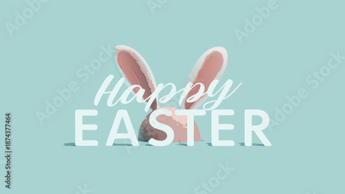 Easter bunny ears with happy easter text on pastel green background for holiday greeting cards and festive decorations