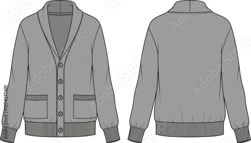 Cad, drawing, flat, vector, gray, cardigan, jacket, sweater, apparel, garment, fashion, mockup, template, front, back, button, pocket, cuff, sleeve, illustration