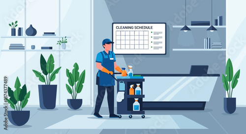 Cleaning Staff at Work in Modern Office Setting.