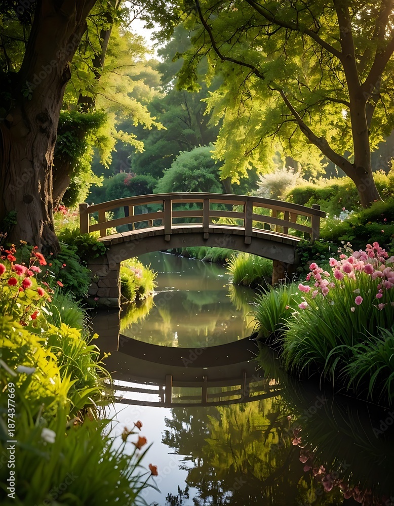 Fototapeta premium Wooden bridge gracefully arches over a calm stream in lush, flower-filled garden
