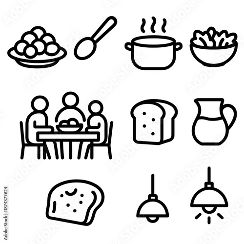 Family Meal Icons. Family Feeding Time set in outline vector style: shared meal plate, serving spoon, soup pot, salad bowl, warm bread slice, drink pitcher, dining table icon, cozy light