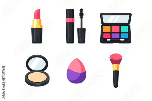 Vibrant Makeup Essentials. Makeup essentials vector set in modern flat style : lipstick, mascara brush, eyeshadow palette, compact powder, makeup sponge, blush brush