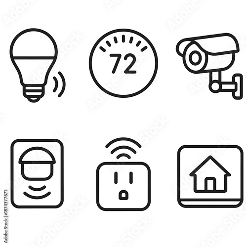 Smart Home Icons. Smart Home Lifestyle essentials set in outline vector style: smart bulb, thermostat dial, security camera, motion sensor, smart plug, home hub