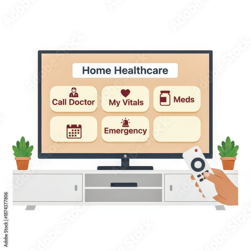 A smart TV with a home healthcare app for remote medical access. Includes calling a doctor, checking vitals, managing meds, and emergency help.. Vector illustration