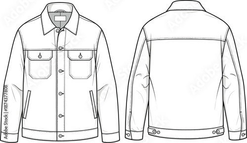 Classic workwear jacket technical fashion illustration front and back view, cad drawing flat vector for apparel design and production